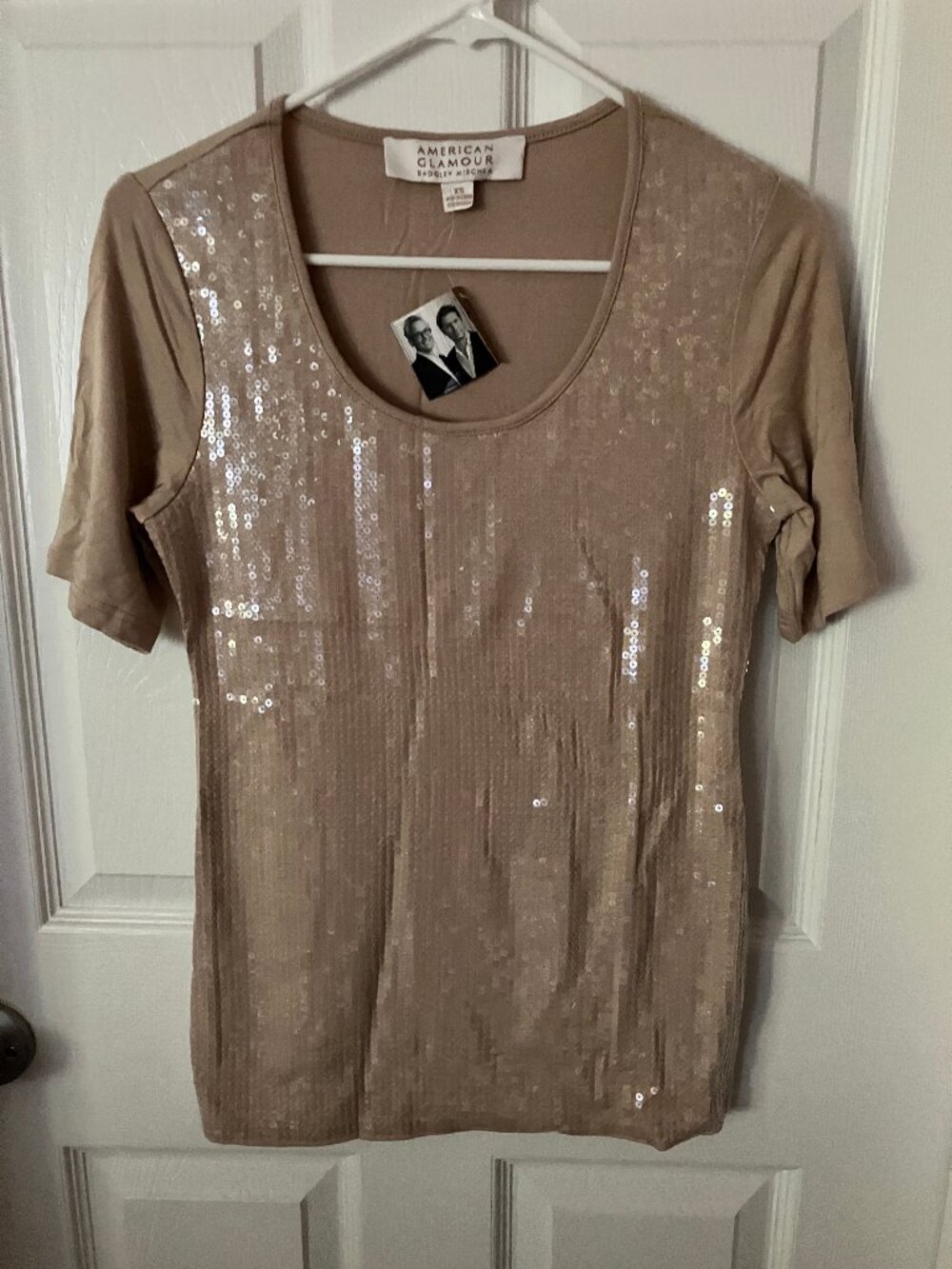 AMERICAN GLAMOUR Badgley Mischka Blouse/Top w/all-over sequins scoop neck XS